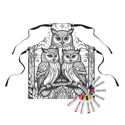 Colorful apron featuring three detailed owls perched among stylized trees and stars, set in an enchanting nighttime scene.