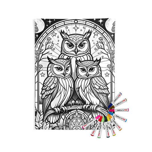 A beautiful indoor wall tapestry featuring a coloring page of three detailed owls perched among stylized trees and stars, set in an enchanting nighttime scene.