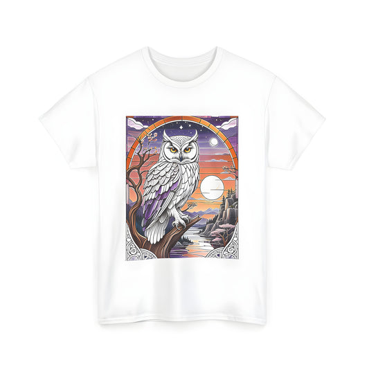 Colorful graphic t-shirt with an artistic illustration of a white owl perched on a branch against a vibrant sunset and nature backdrop.