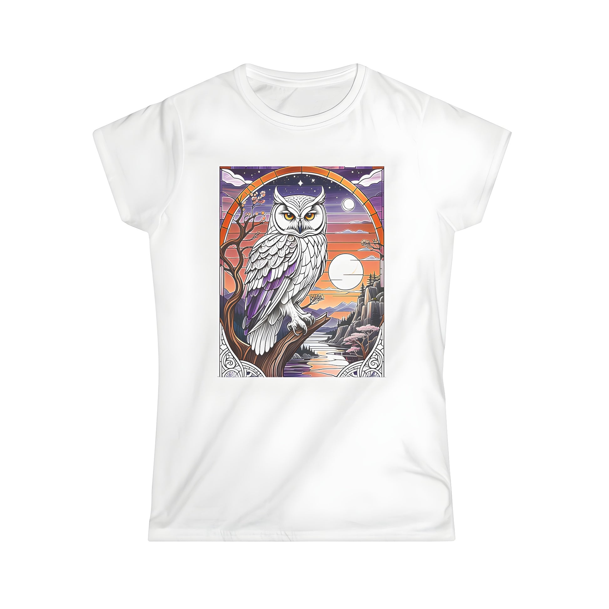 Women's colorful graphic t-shirt featuring an owl perched on a branch amidst a vibrant sunset and nature scene