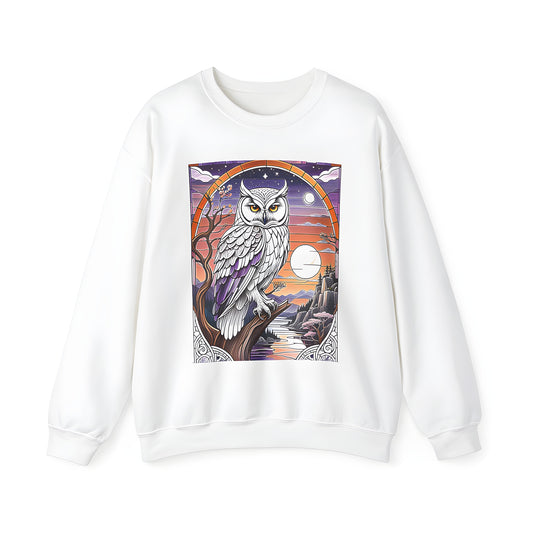 Adult sweatshirt with colorful graphic design featuring white owl perched on branch amidst nature backdrop