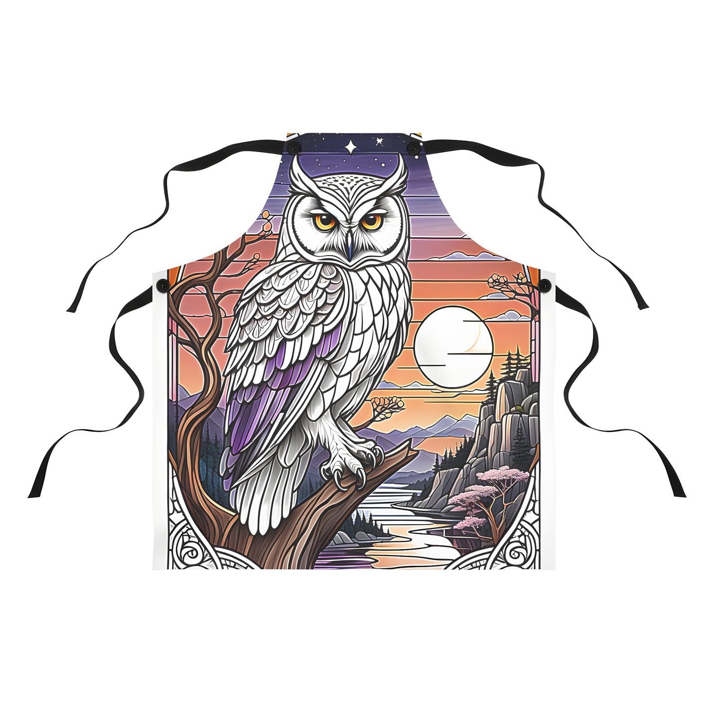 Colorful graphic apron with artistic illustration of white owl perched on branch against vibrant sunset and nature backdrop