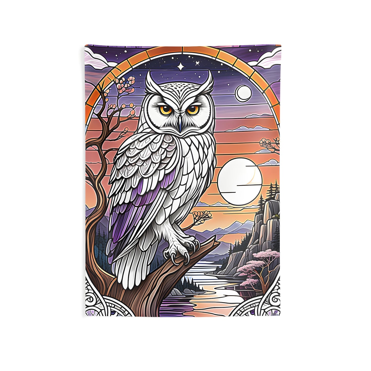 Indoor wall tapestry featuring colorful graphic design of owl in nature scene