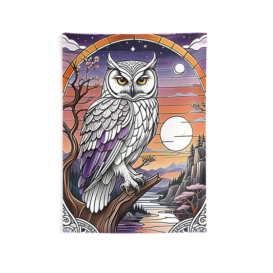 Indoor wall tapestry featuring colorful graphic design of owl in nature scene