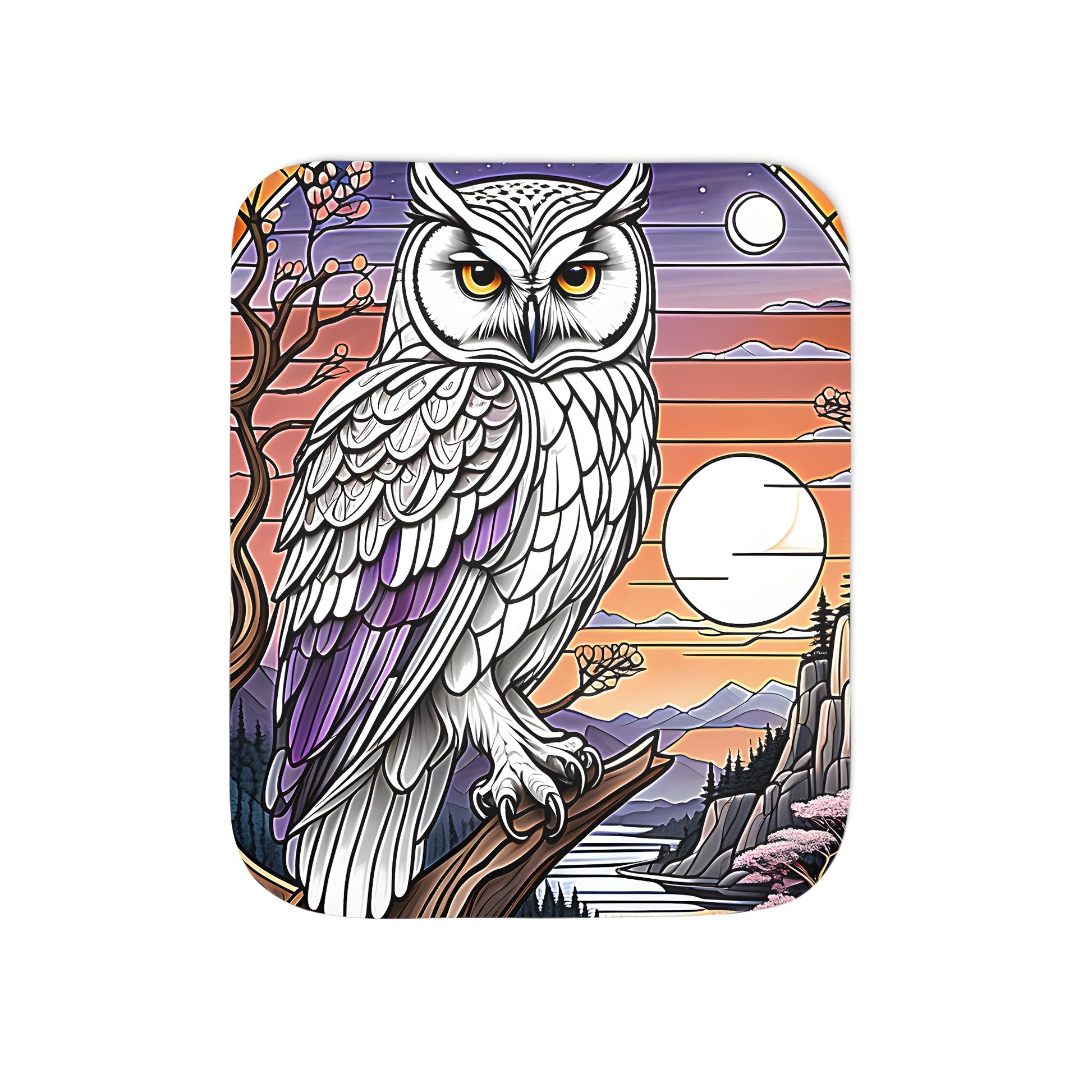 Colorful blanket featuring an artistic illustration of a white owl perched on a branch with vibrant sunset and nature backdrop