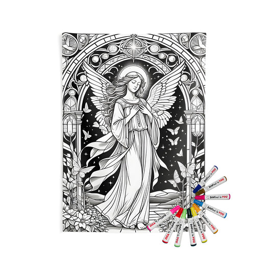 Indoor wall tapestry stained glass artwork design featuring an angelic figure, butterflies, and floral elements set against a starry night sky background. Perfect for home decor and color-in fun!