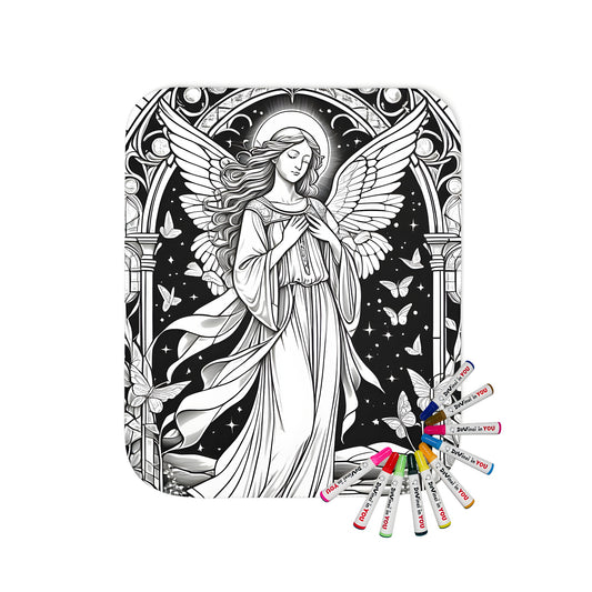 Blanket with stained glass, cathedral glass, leadlight glass, and vitreous glass designs of an angelic figure with wings, surrounded by butterflies and floral elements, set against a starry background.