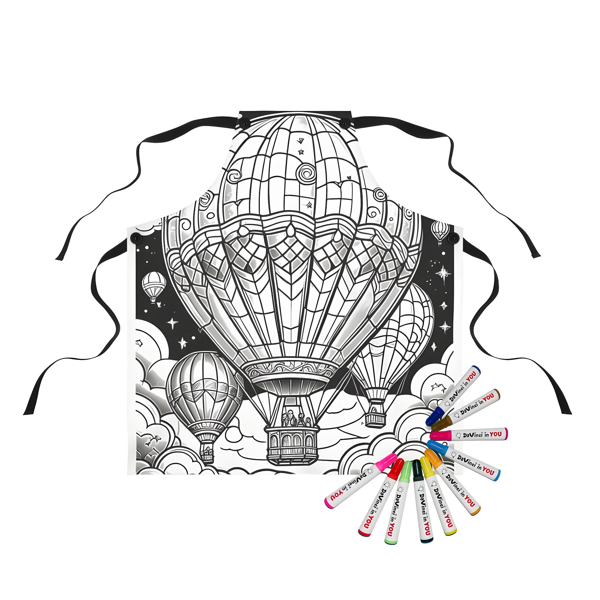 Coloring apron with an airship design, featuring vibrant hot air balloons against a dark blue background