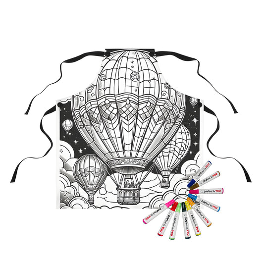 Coloring apron with an airship design, featuring vibrant hot air balloons against a dark blue background