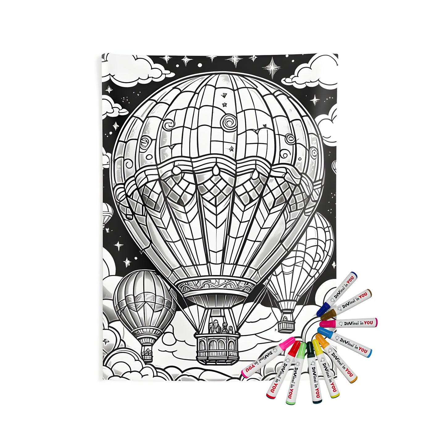 Colorful hot air balloons, kites, and flying lanterns indoor wall tapestry with a detailed starry night sky design