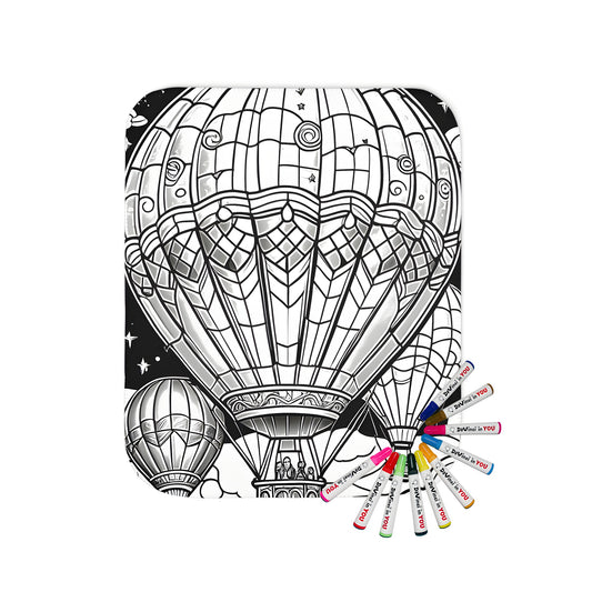 Cozy blanket with colorful hot air balloons, starry night sky, and clouds illustration for adult coloring enthusiasts