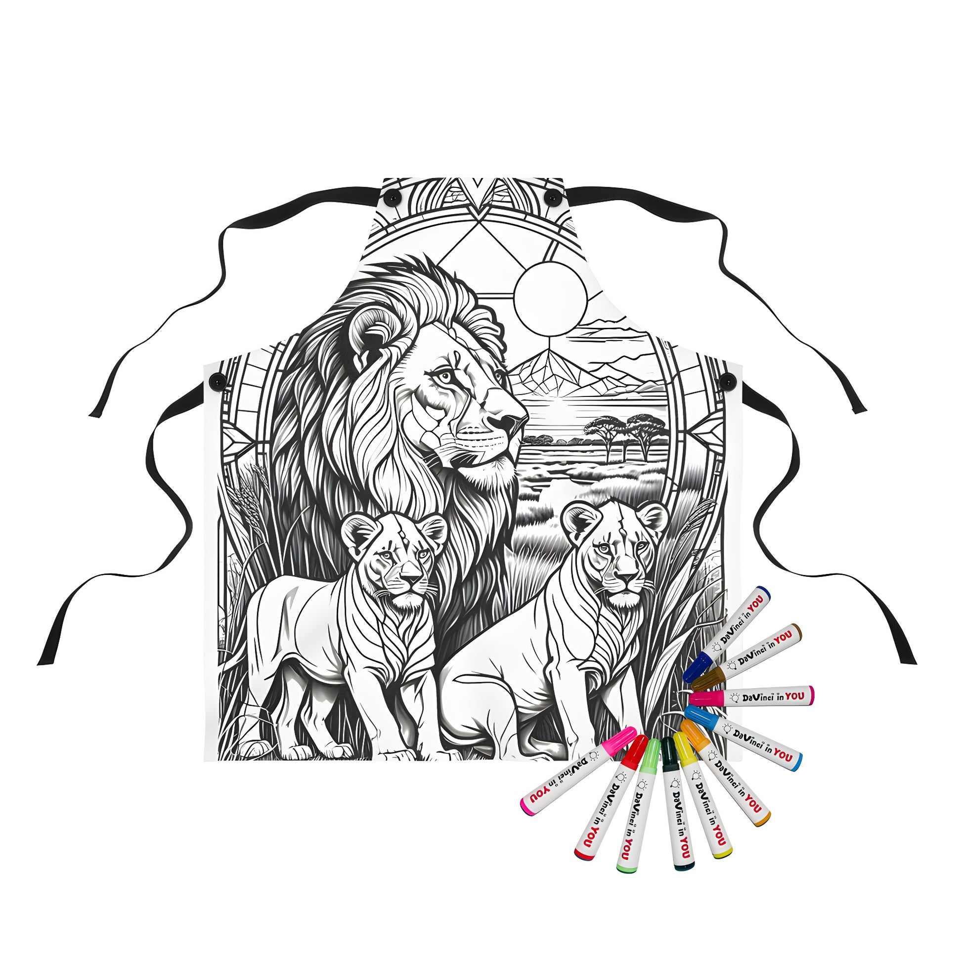 A vibrant apron with a detailed illustration of a lion pride, featuring a family of lions in a natural savannah setting, surrounded by trees and hills