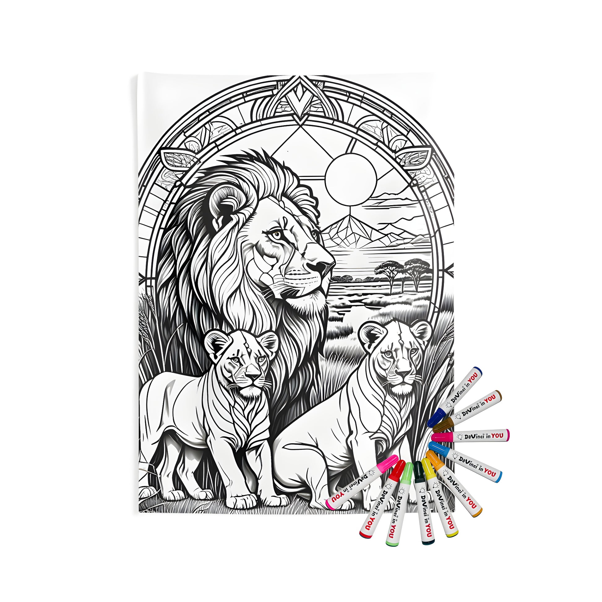 Indoor wall tapestry depicting a detailed illustration of a lion family in a natural setting, featuring intricate patterns and a serene landscape.