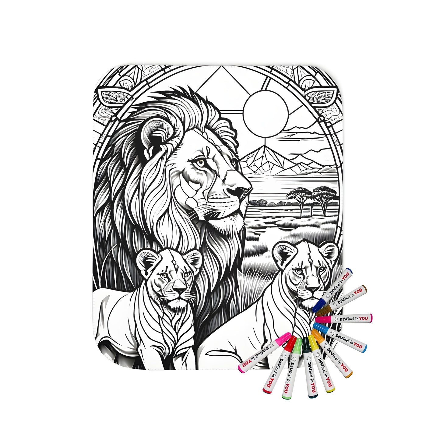 Cozy blanket with vibrant coloring page design of lions and wildlife