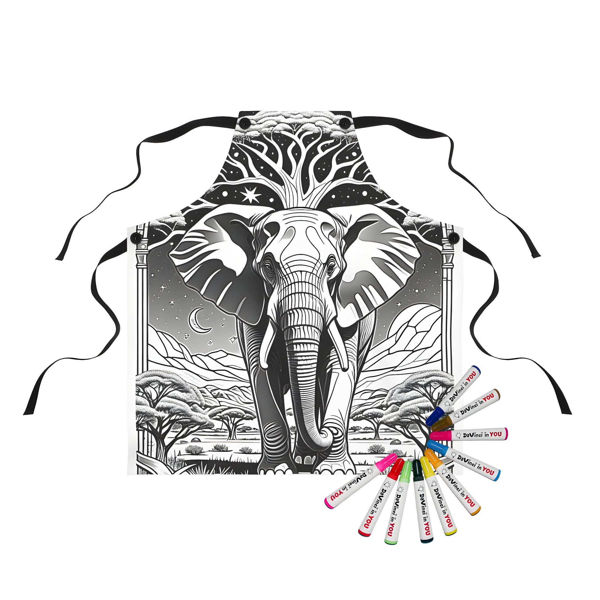 A vibrant apron featuring an elephant design, perfect for artistic expression with fabric markers