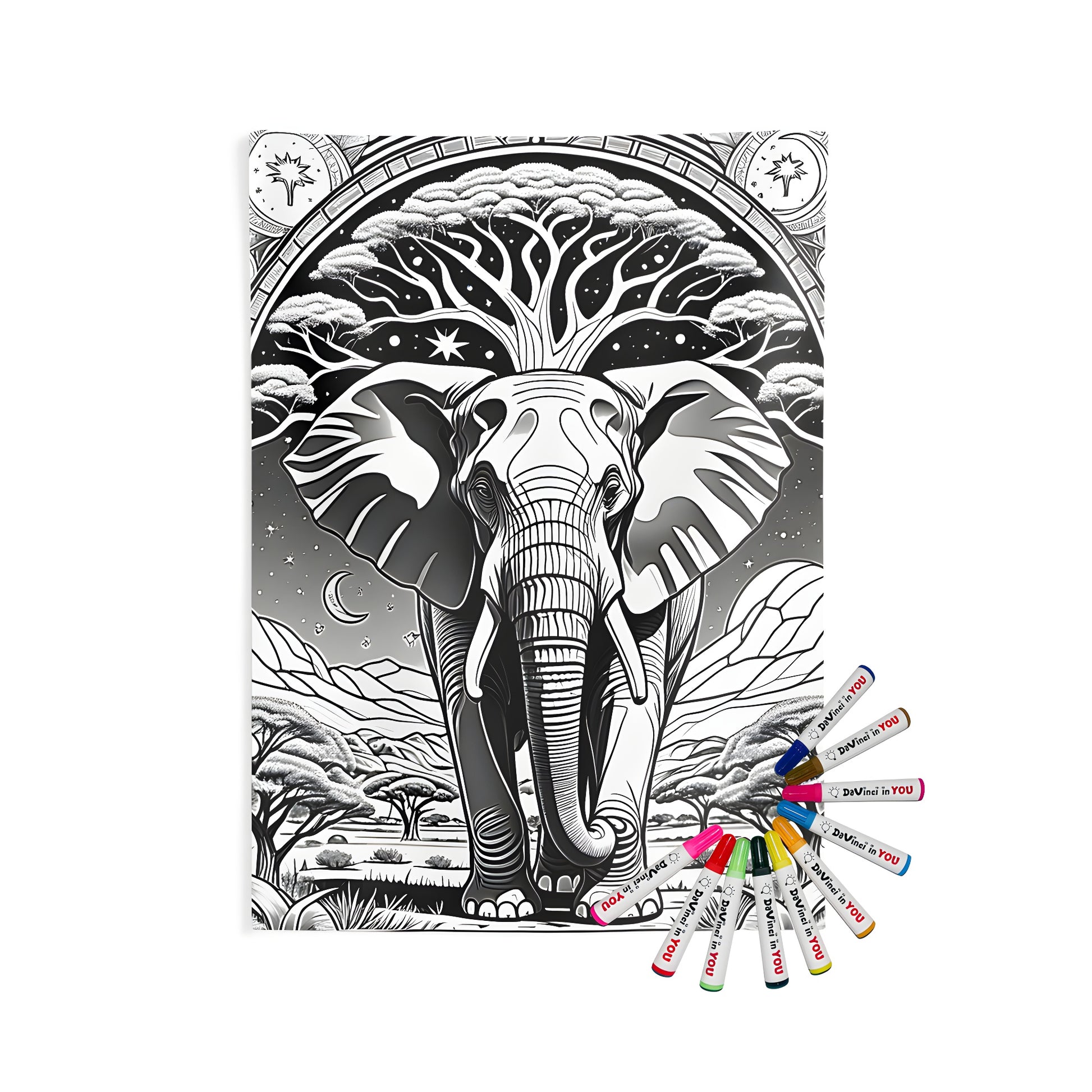 Indoor wall tapestry with an artistic elephant design, featuring a detailed and colorful depiction of an elephant in a serene landscape with cosmic elements and intricate patterns.