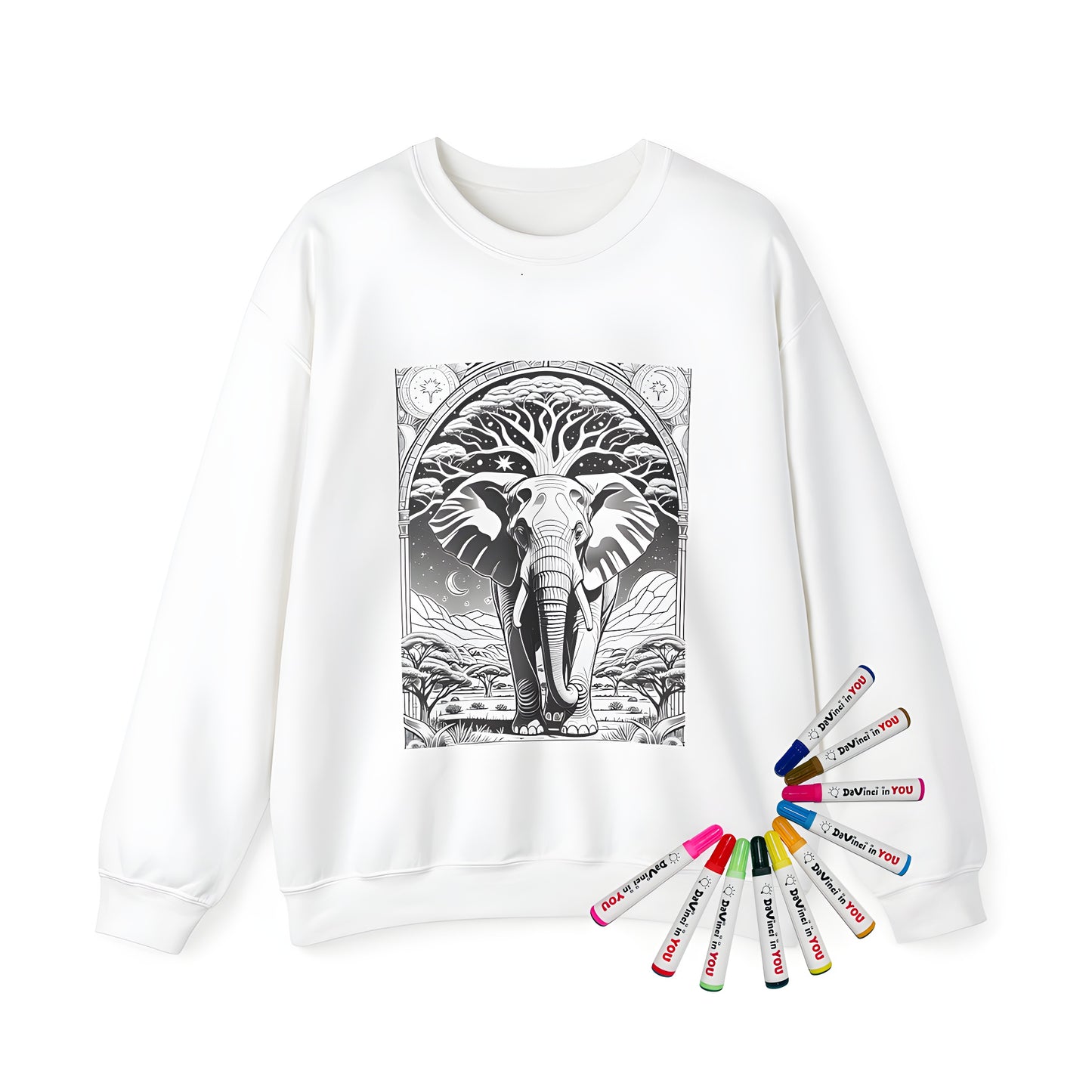 Adult sweatshirt featuring an elegant elephant design with intricate patterns and cosmic elements on a serene landscape