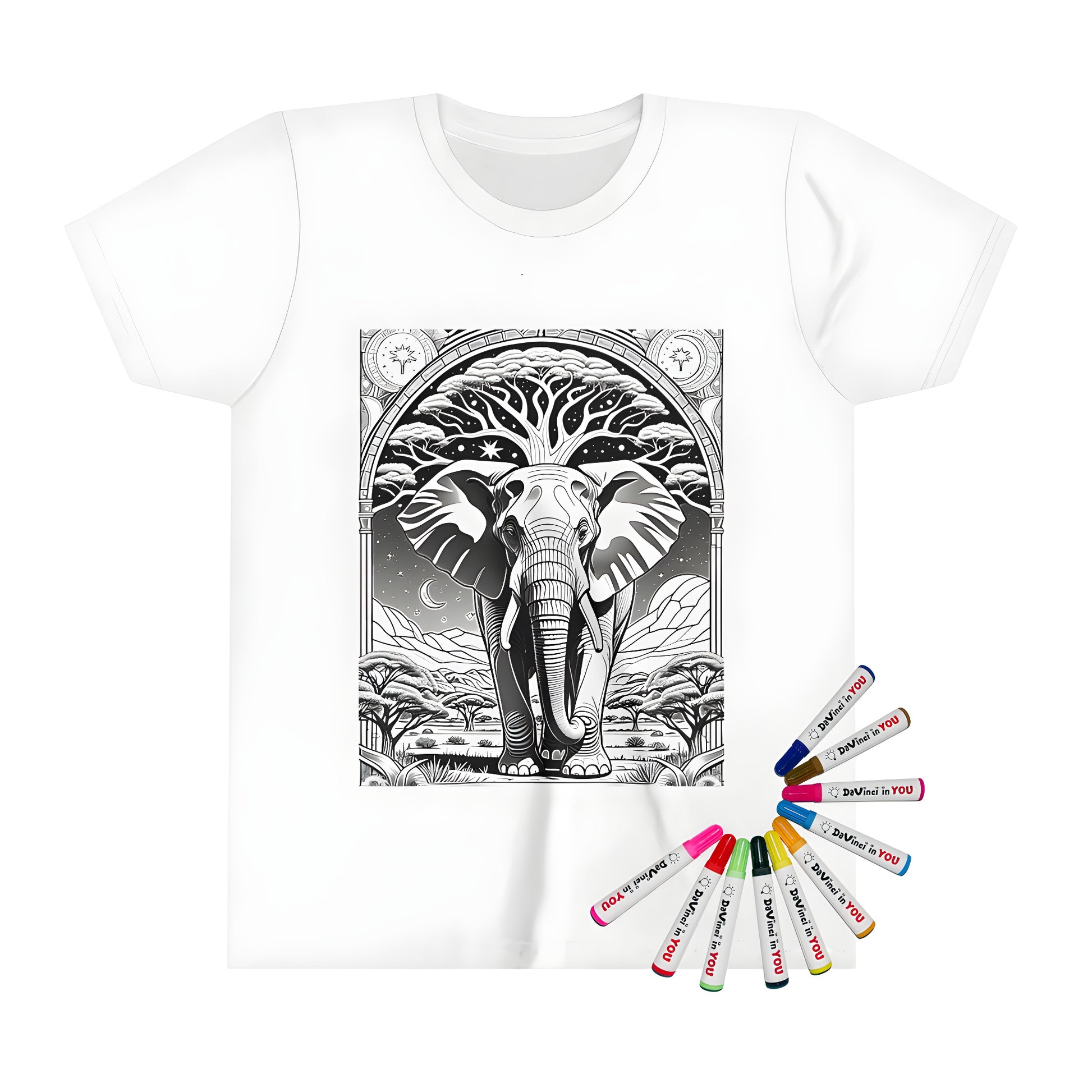 Coloring kit for kids featuring an artistic elephant design on a kid's t-shirt