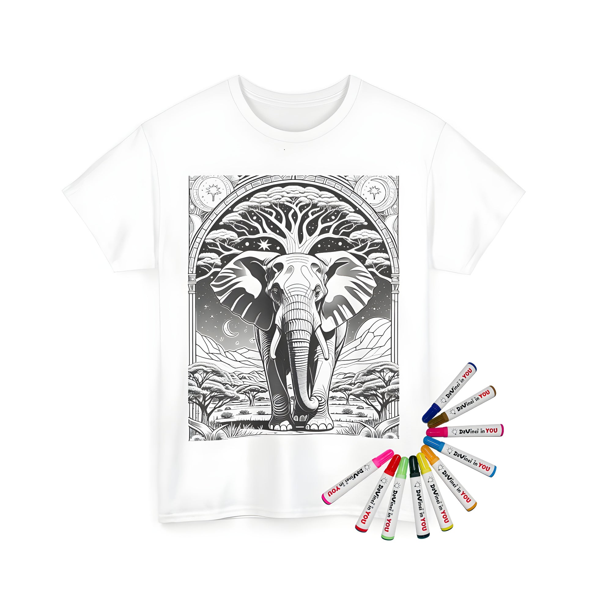 Unisex t-shirt with colorful elephant design featuring intricate patterns