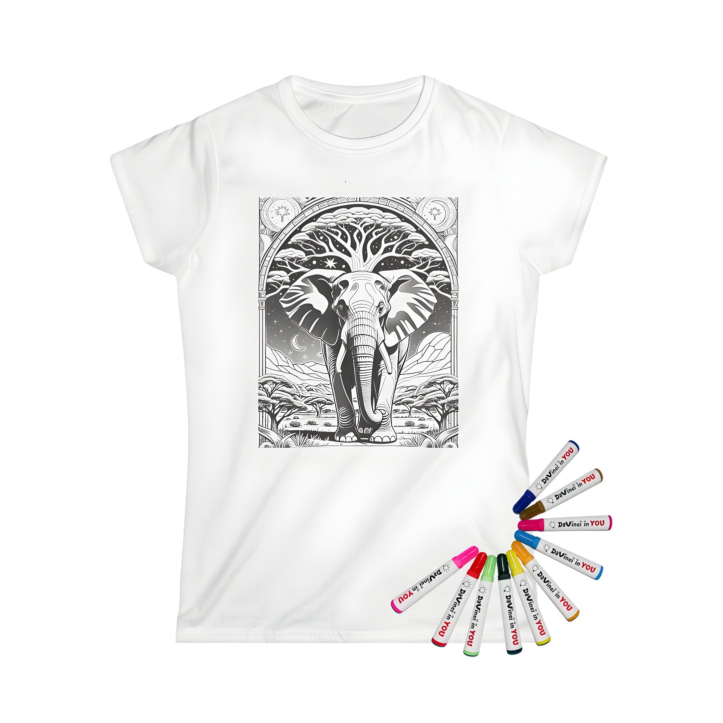 Women's T-shirt with elephant design, featuring a colorful artistic depiction of an elephant in a serene landscape with cosmic elements and intricate patterns.