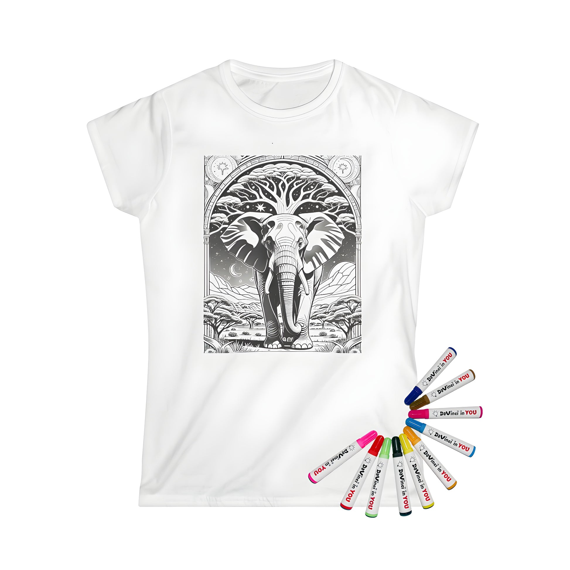 Women's T-shirt with elephant design, featuring a colorful artistic depiction of an elephant in a serene landscape with cosmic elements and intricate patterns.