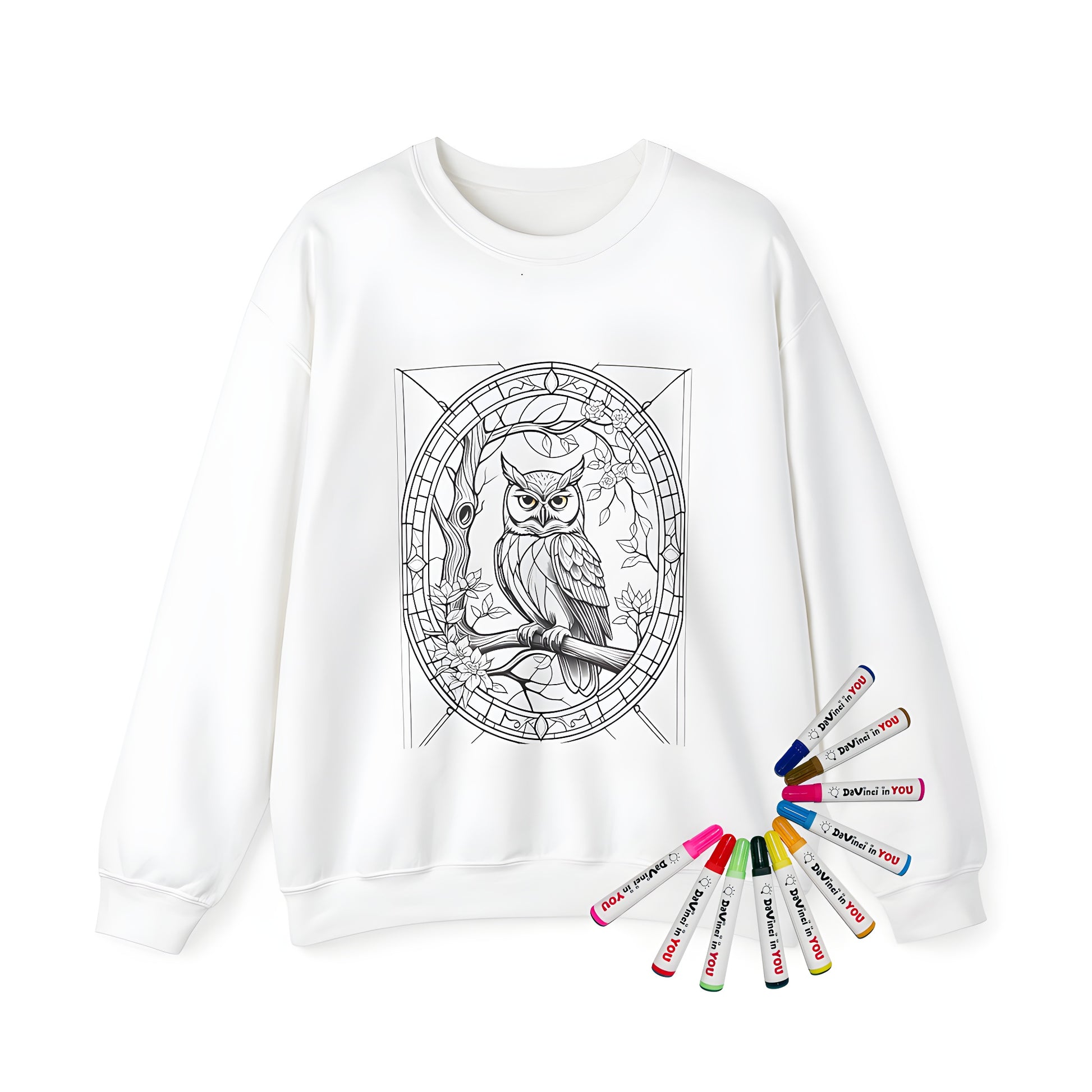 Adult sweatshirt featuring intricate black and white owl illustration, branch, flowers, and decorative border