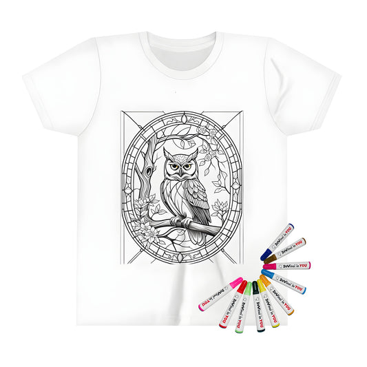 Kids' T-shirt with intricate owl design, featuring a branch and flowers