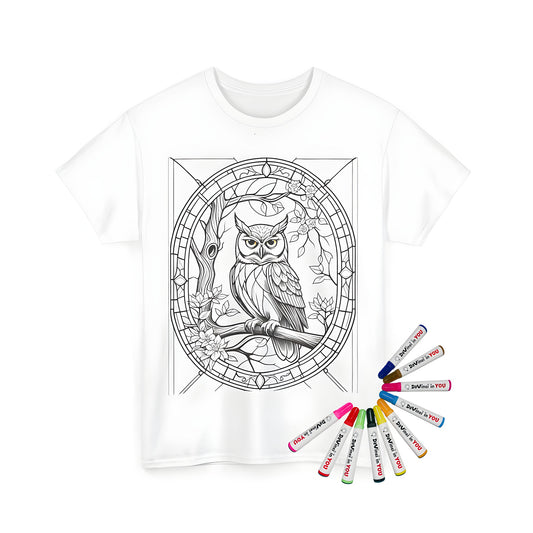 Unisex T-shirt featuring an intricate black and white illustration of an owl/hoot/great horned bird perched on a branch surrounded by flowers, set against a colorful background.