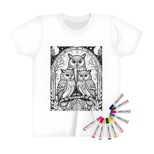 Colorful kid's t-shirt featuring a whimsical owl illustration design, perfect for kids who love art and nature