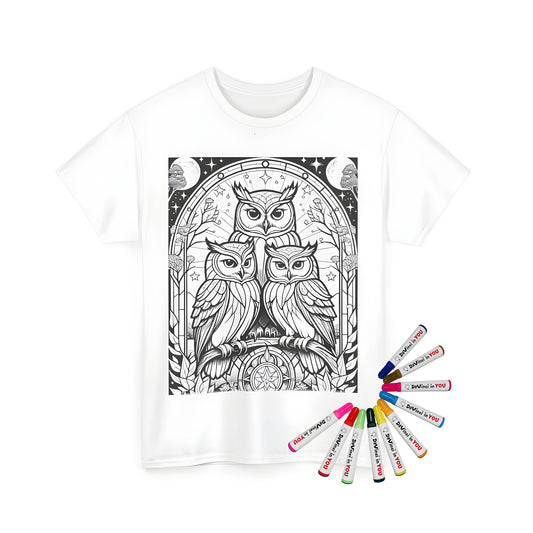 A black and white illustration featuring three detailed owls perched among stylized trees and stars, set in an enchanting nighttime scene printed on a unisex t-shirt.