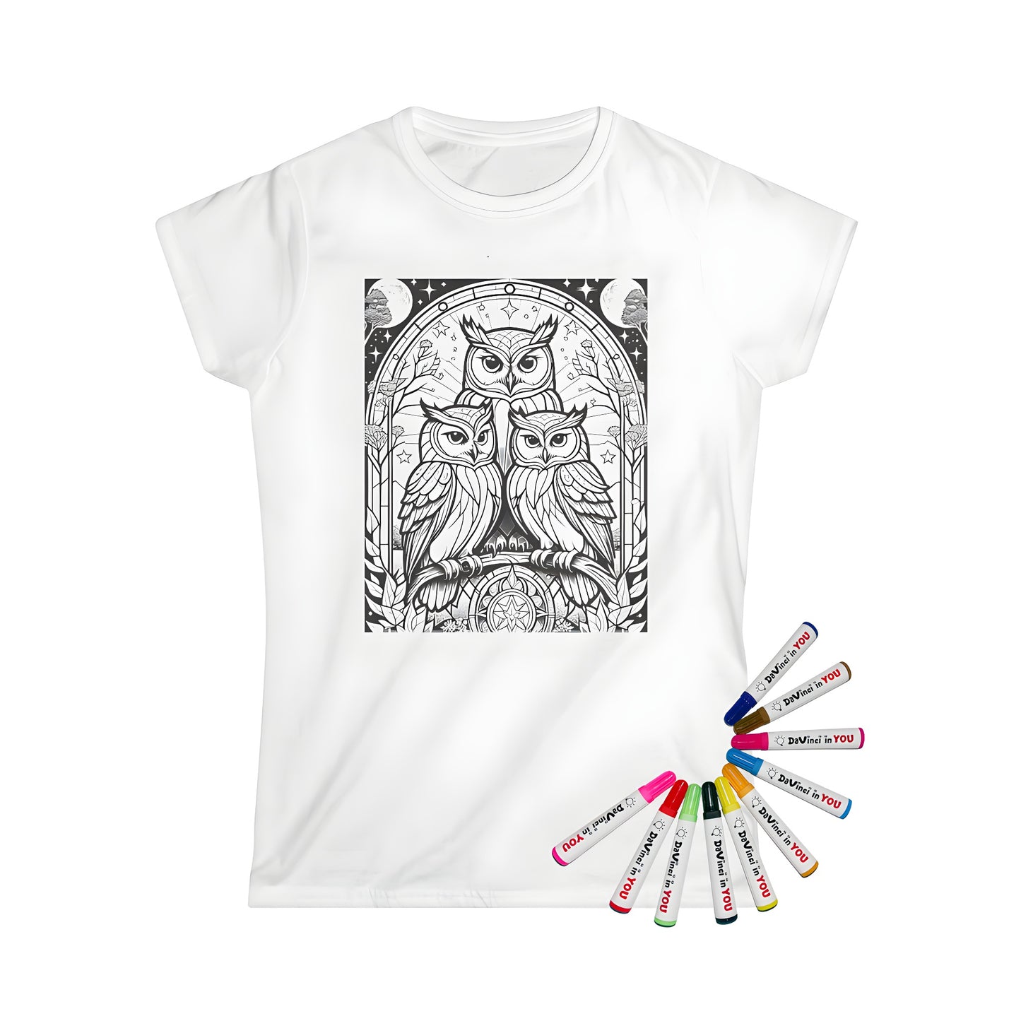 Women's t-shirt featuring a colorful owl design among stylized trees and stars, set against a whimsical nighttime scene. Includes 10 fabric markers for creative expression.