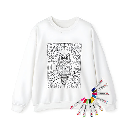 Adult Sweatshirt with intricate owl and floral stained glass-inspired design