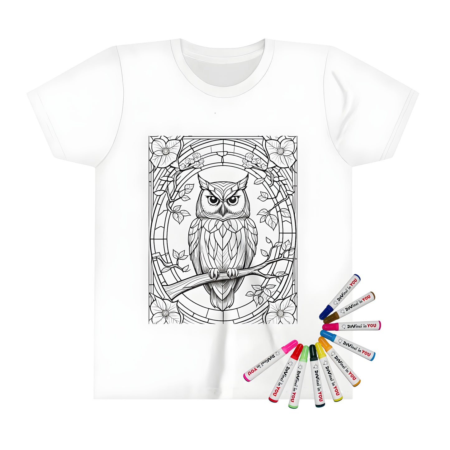 Kid's T-shirt featuring an intricate black and white owl design on a branch with floral elements, reminiscent of stained glass artwork, colorful markers included