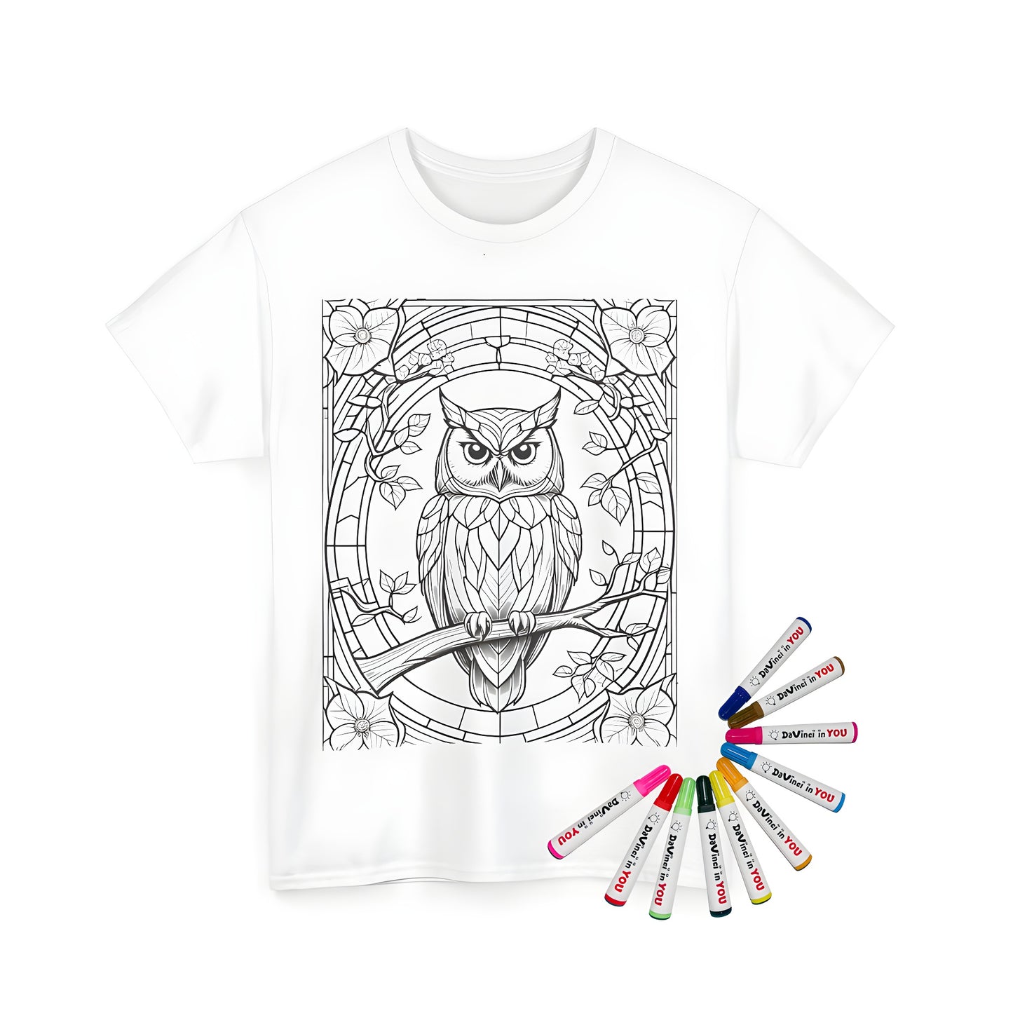 Unisex t-shirt featuring an intricate black and white stained glass-inspired owl design on a branch with floral elements