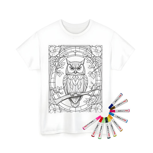 Unisex t-shirt featuring an intricate black and white stained glass-inspired owl design on a branch with floral elements