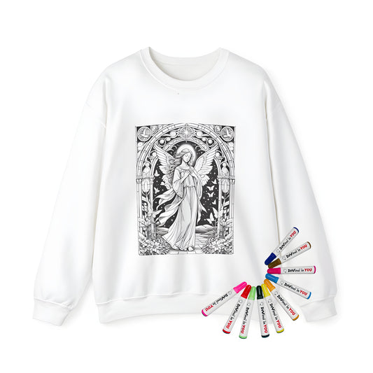 Adult sweatshirt with stained glass design featuring an angelic figure with wings and floral elements