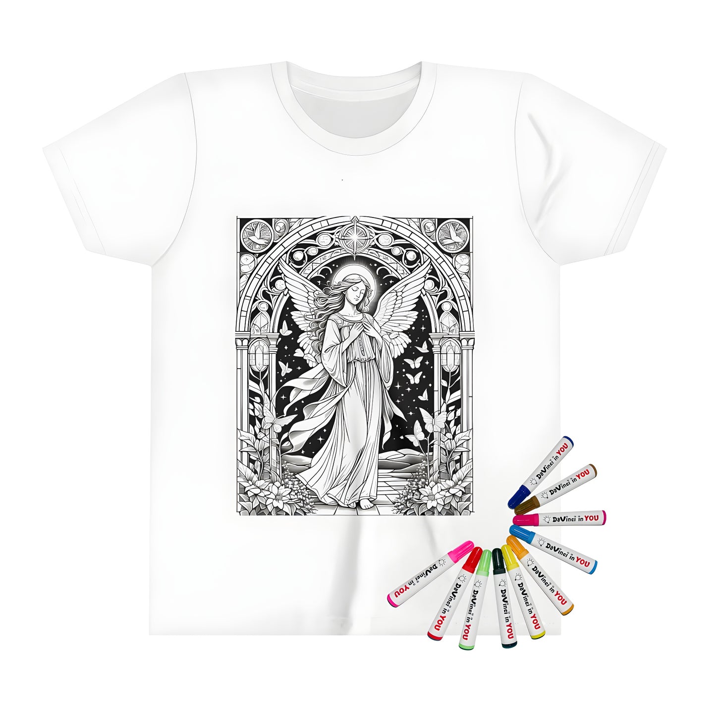 Stained glass inspired kid's t-shirt featuring an angelic figure with wings, surrounded by butterflies and floral elements against a starry background.