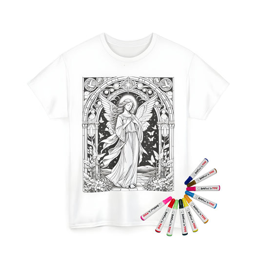 Unisex t-shirt featuring an angelic figure with wings, surrounded by stained glass, butterflies, and floral elements, on a starry background