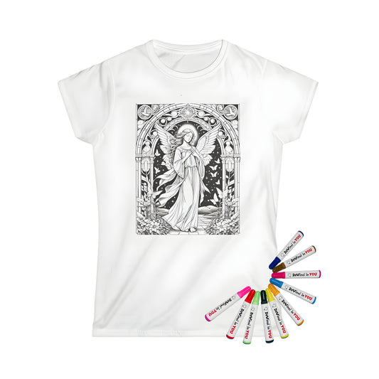 Women's T-shirt with colorful stained glass style artwork of angelic figure surrounded by butterflies and floral elements set against starry background.