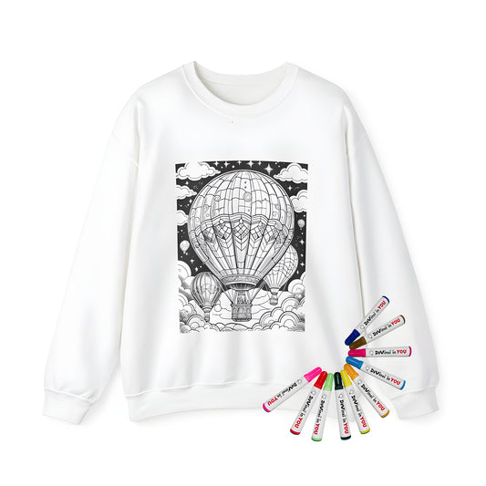 Adult sweatshirt featuring a colorful hot air balloons design, perfect for coloring enthusiasts