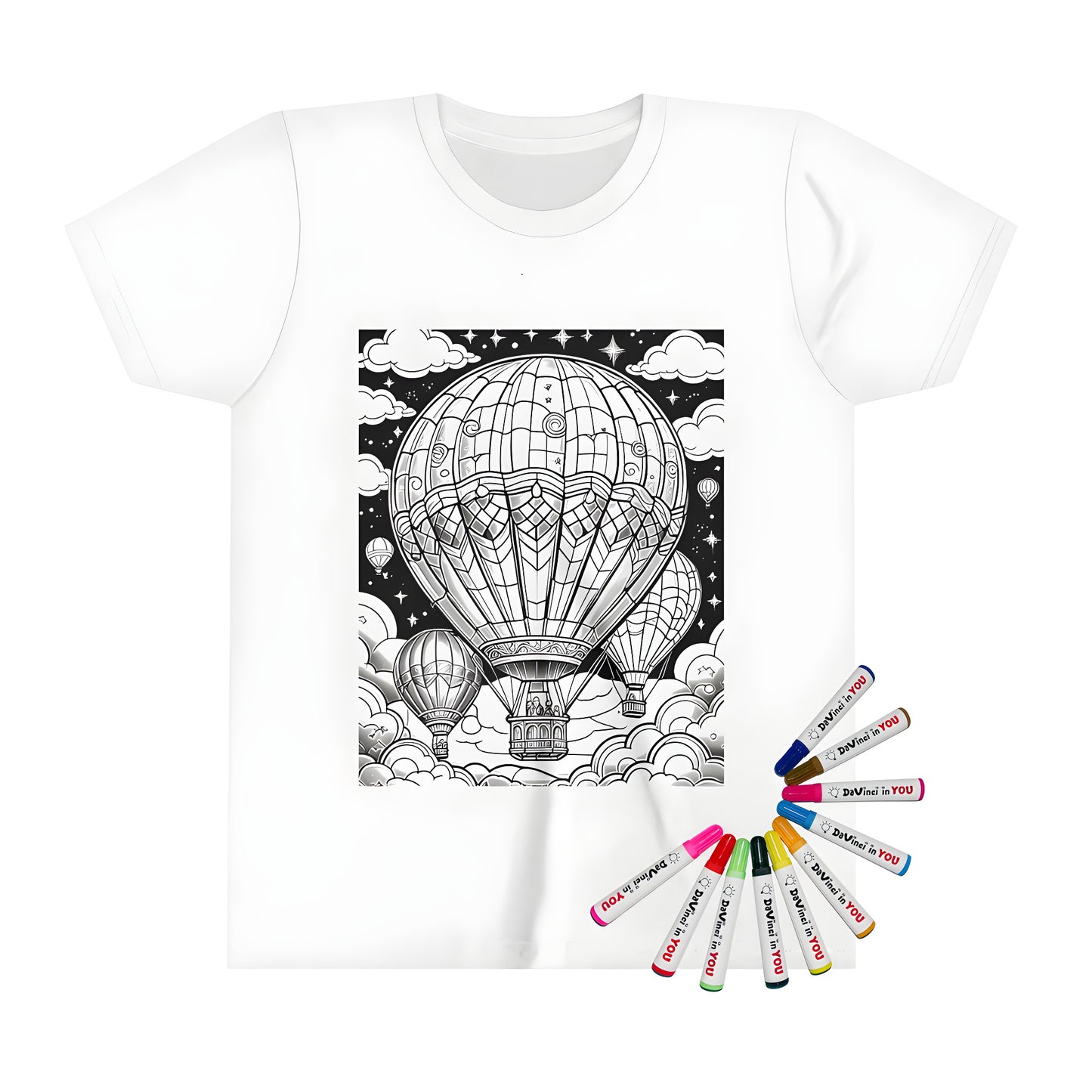 Coloring page design of hot air balloons floating in a starry night sky, surrounded by clouds and stars on a kid's t-shirt