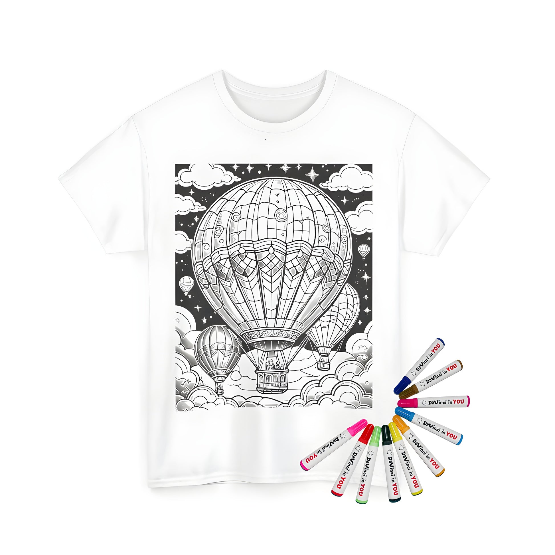 A high-quality image of a Unisex T-shirt featuring an intricate illustration of hot air balloons floating in a starry night sky, surrounded by clouds and stars. Perfect for coloring enthusiasts.