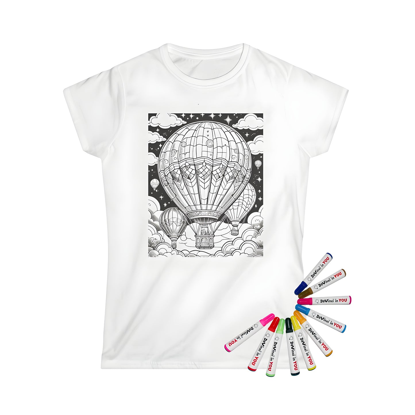 Women's T-shirt with colorful hot air balloon illustration and starry night sky design