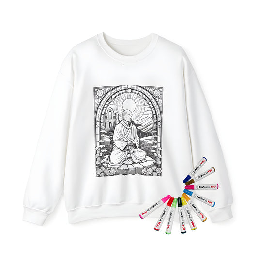 Adult sweatshirt coloring kit design of a peaceful monk meditating surrounded by nature and architecture, featuring stained glass window and mountainous landscape