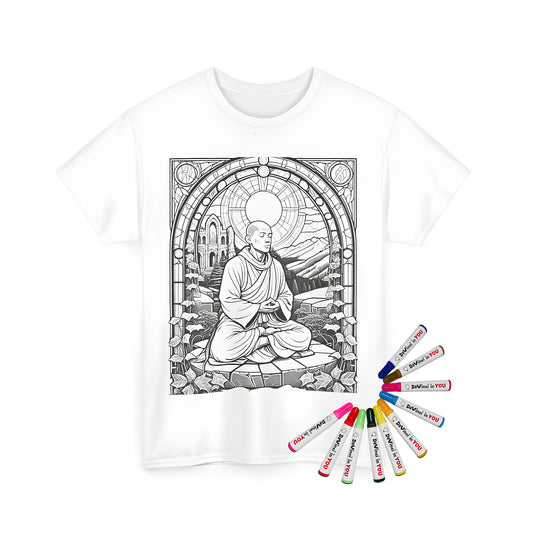 Coloring kit for kids or adults featuring a monk meditation scene on a unisex t-shirt