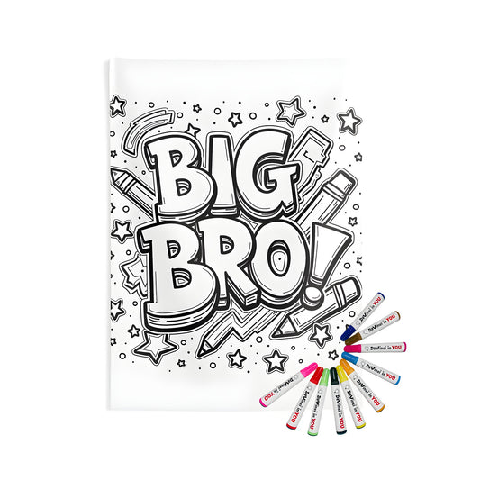 Indoor wall tapestries for sale - coloring page featuring Big Bro surrounded by stars and pencils, brotherly love decor