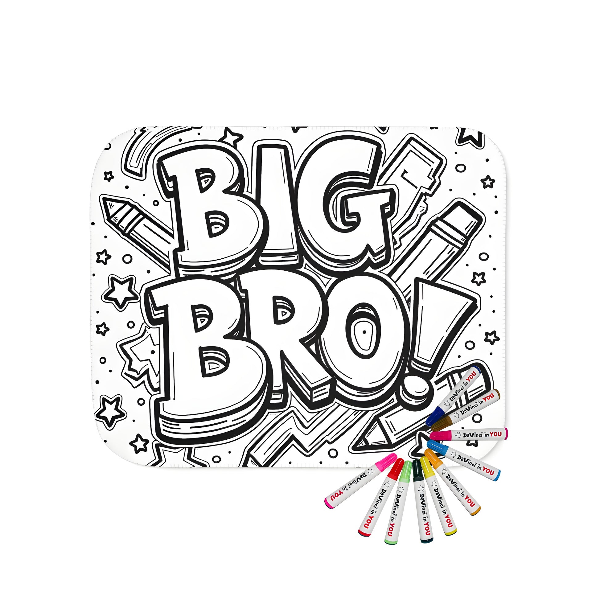 Cozy blanket for big brothers, featuring a celebratory coloring page design with 'Big Bro' surrounded by stars and pencils