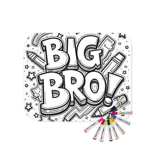 Cozy blanket for big brothers, featuring a celebratory coloring page design with 'Big Bro' surrounded by stars and pencils