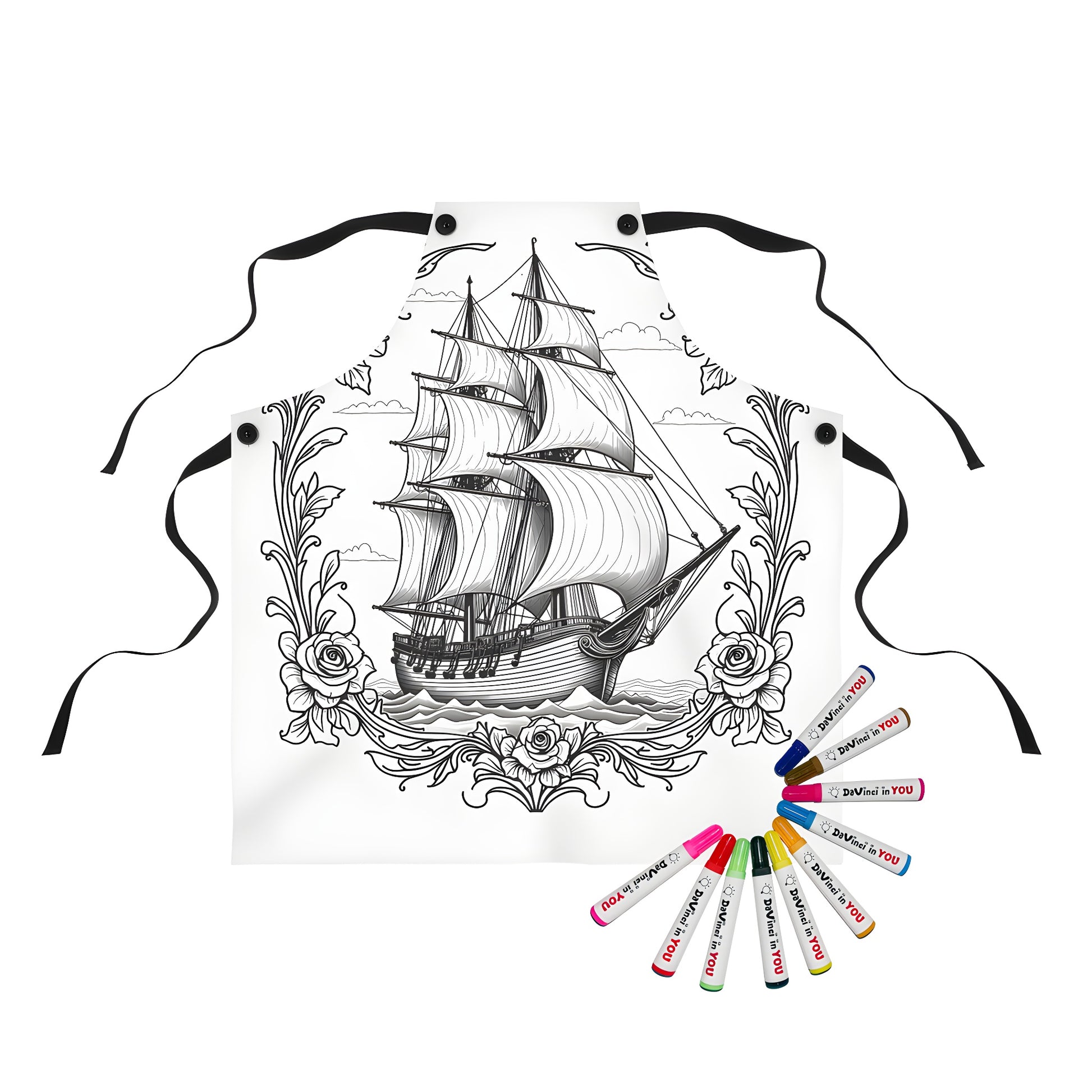 Apron with a detailed sailing boat design, nautical ship scene, and ocean waves