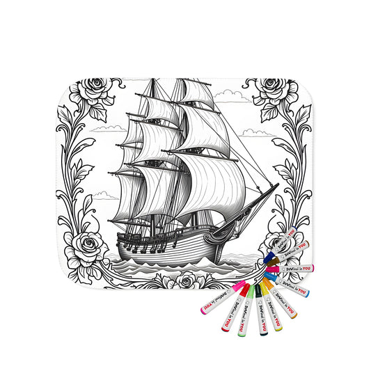 Blanket with sailing boat or nautical ship design, featuring waves, roses, and foliage details